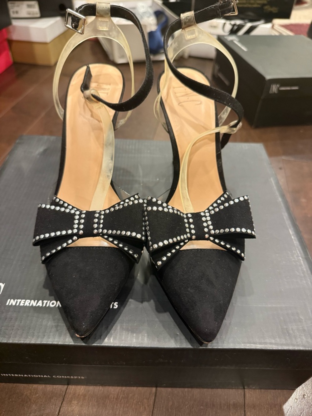 INC International Concepts Black Pointed Bow Ankle-Strap Heels with Crystal Trim